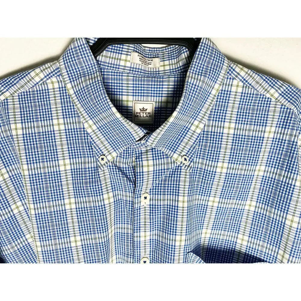Peter Millar Mens Long Sleeve Dress Shirt Blue White Green Plaid Check Cotton XL